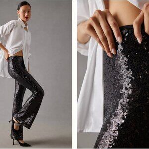 Anthropologie The Joni Sequined Flare Leg Pants Black NWT size 14